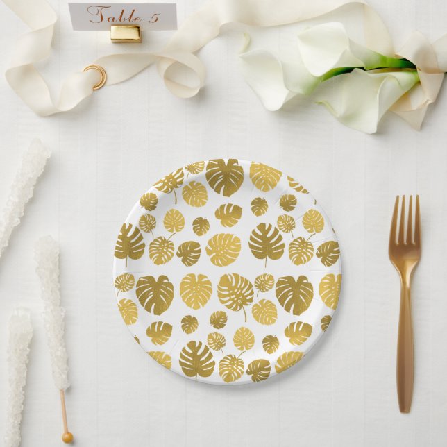 Prato De Papel Padrão Moderno de Folhas Tropicais de Monstera Dou (Casamento)