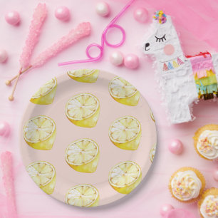 Prato De Papel Padrão moderno de limões cor-de-rosa e amarelo