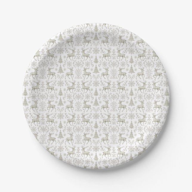 Prato De Papel Padrão natalino rústico moderno em prata/branco (Frente)