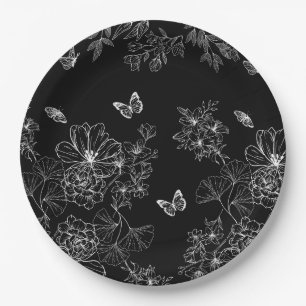 Prato De Papel Padrão natural floral preto e branco minimalista