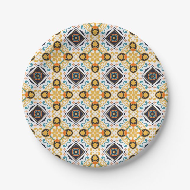 Prato De Papel Padrão ornamentado com geométrico amarelo e azul  (Frente)