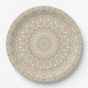 Prato De Papel Padrão Ornamental de Mandala Bege e Branco