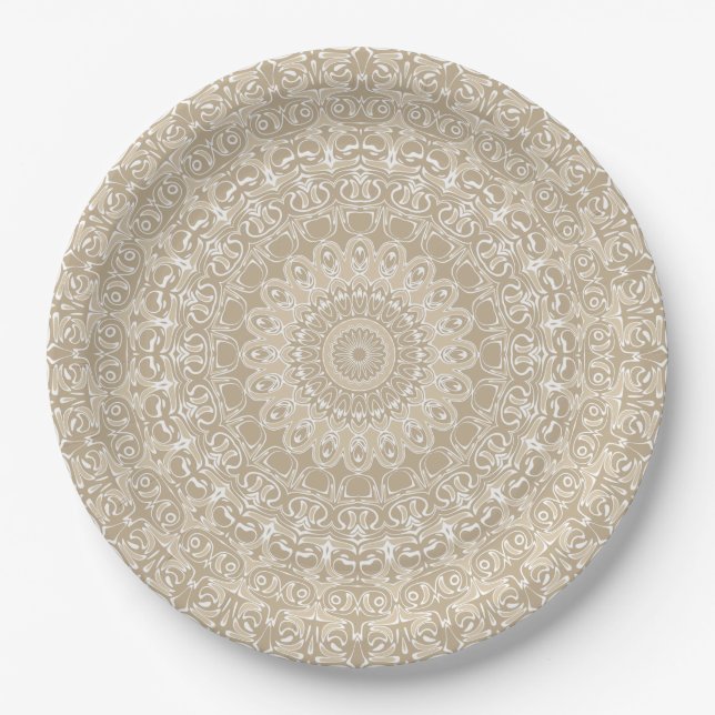 Prato De Papel Padrão Ornamental de Mandala Bege e Branco (Frente)