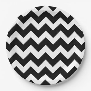 Prato De Papel Padrão Preto de Chevron Branco Zigzag