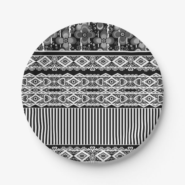 Prato De Papel Padrão preto e branco com rendas e retalhos (Frente)