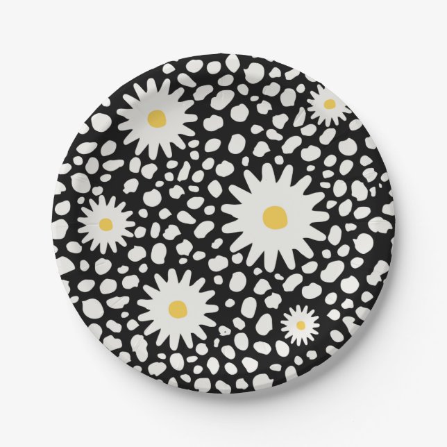 Prato De Papel Padrão Preto e Branco Floral (Frente)