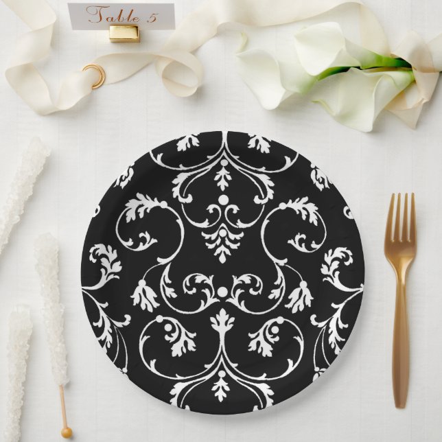 Prato De Papel Padrão preto e branco ornamentais (Casamento)