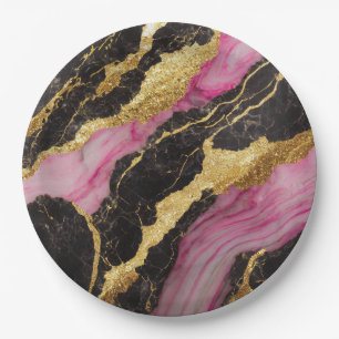 Prato De Papel Padrão preto rosa-mármore com Dourado