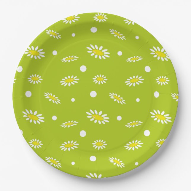 Prato De Papel Padrão Retro de Primavera com Bolinhas em Verde Li (Frente)