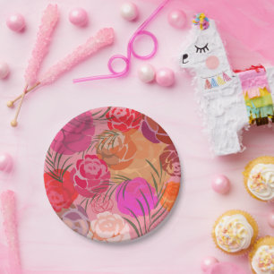 Prato De Papel Padrão rosa com flores e plantas