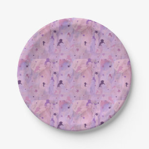 Prato De Papel padrão rosa e roxo de unicórnio e estrelas