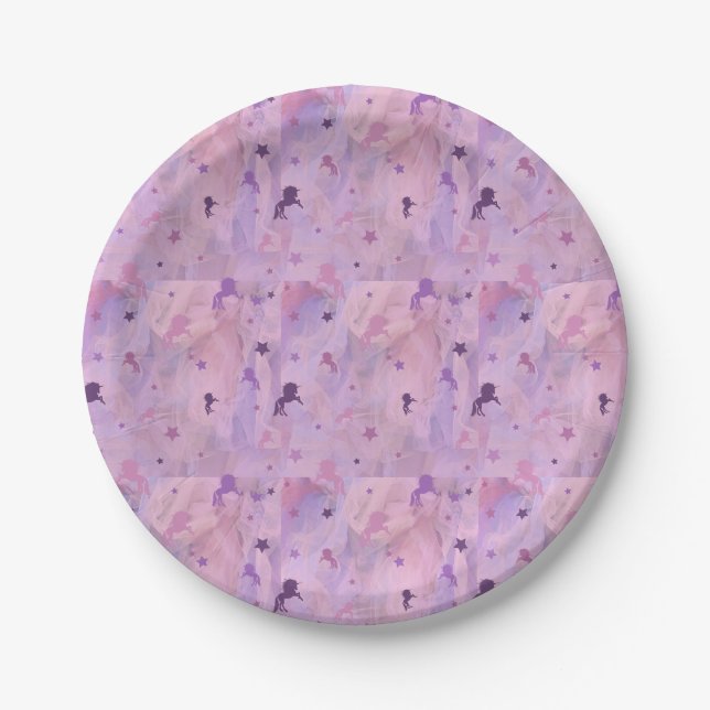 Prato De Papel padrão rosa e roxo de unicórnio e estrelas (Frente)