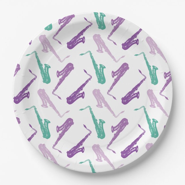 Prato De Papel Padrão Saxofone - Roxo e Teal (Frente)