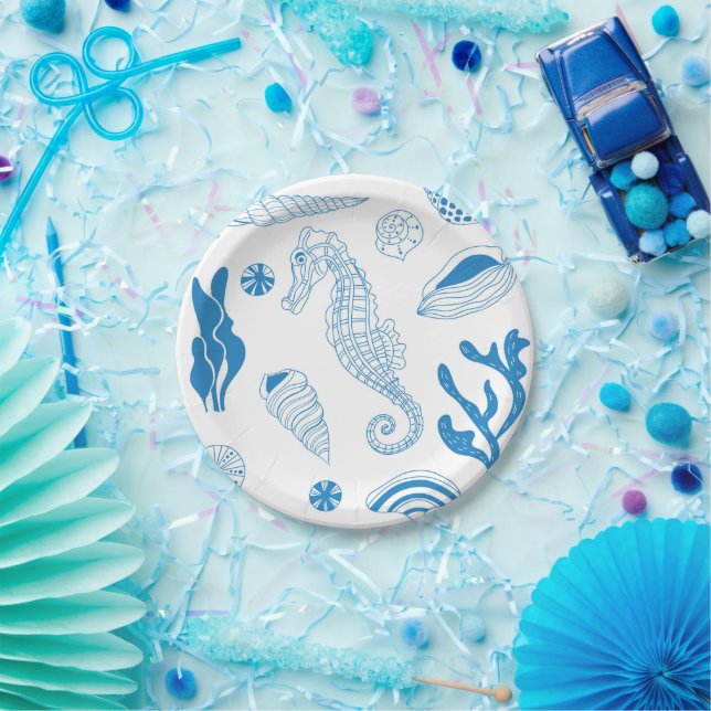 Prato De Papel Padrão sem costura com conchas marinhas (Festa)