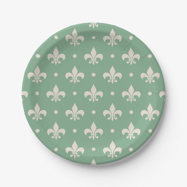 Prato De Papel Padrão Silver Fleur De Lis em fundo verde (Frente)
