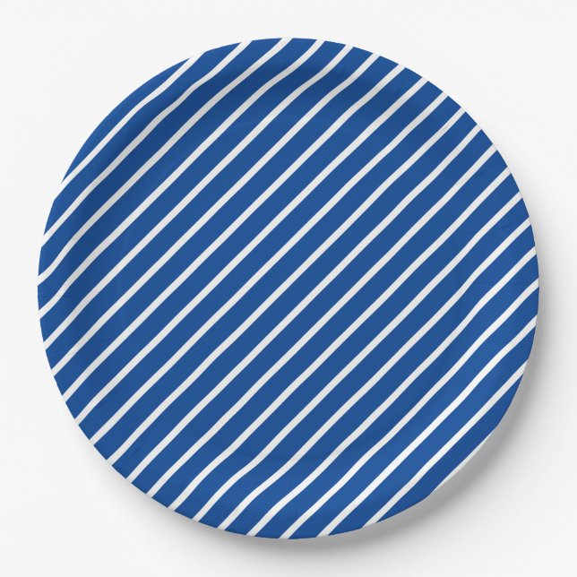 Prato De Papel Padrão Simples, Azul e Stripe Branca (Frente)