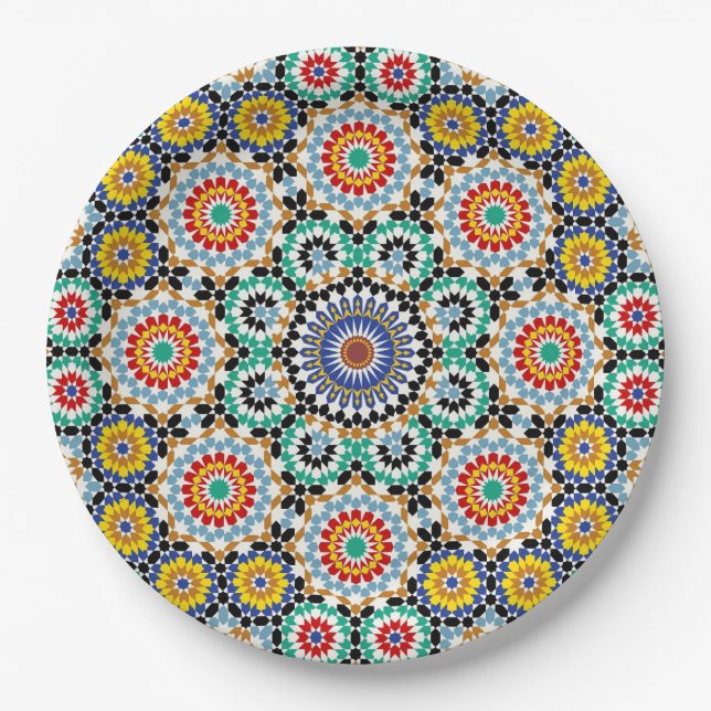 Prato De Papel Padrão Tradicional Boho de Mosaico Marroquino (Frente)