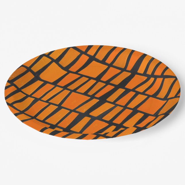 Prato De Papel Padrão tribal africano laranja e preto (Inclinado)