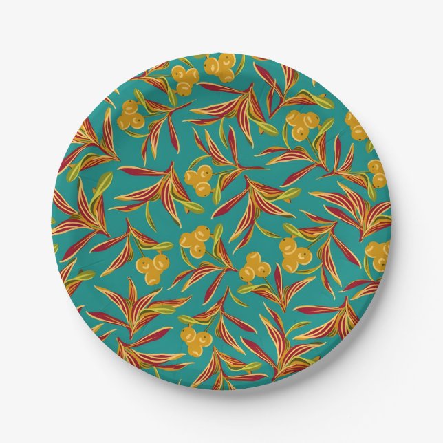 Prato De Papel Padrão Tropical com Folhas Vermelhas e Amarelas (Frente)