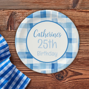 Prato De Papel Padrão Verificado de Gingham Branco e Azul Clássic