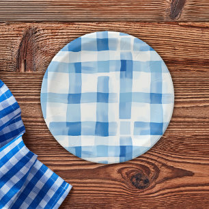 Prato De Papel Padrão Verificado de Gingham Branco e Azul Clássic