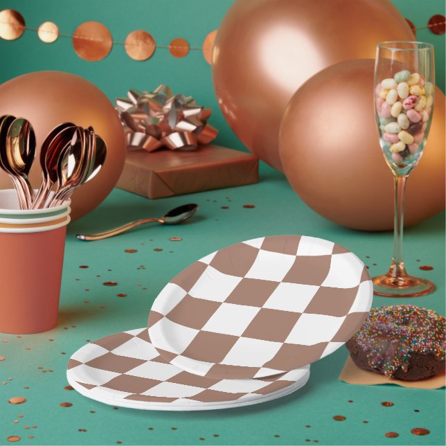 Prato De Papel Padrão verificado em branco e Mocha Mousse (Múltiplo)