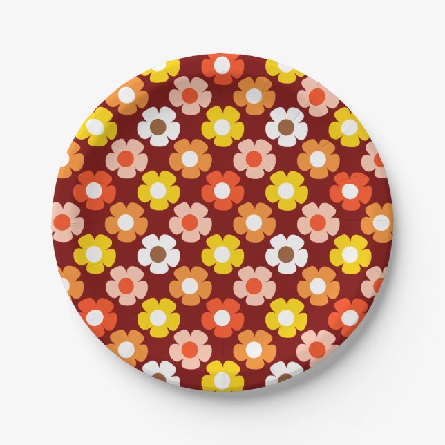 Prato De Papel Padrão Vermelho das Flores de outono de Retro (Frente)