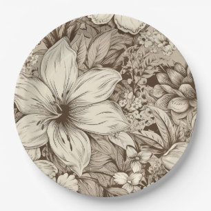 Prato De Papel Padrão Vintage Floral Sepia (3)