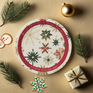 Prato De Papel Padrão Vintage Modern Dourado e Red Snowflakes