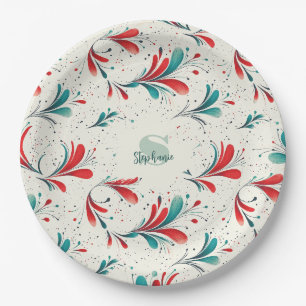 Prato De Papel Padrão Whimsical Blue e Red Paisley Leaf (2)