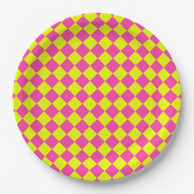 Prato De Papel Padrão Xadrez Amarelo Rosa (Frente)