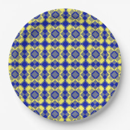 Prato De Papel Padrão Xadrez Argyle Azul Amarelo