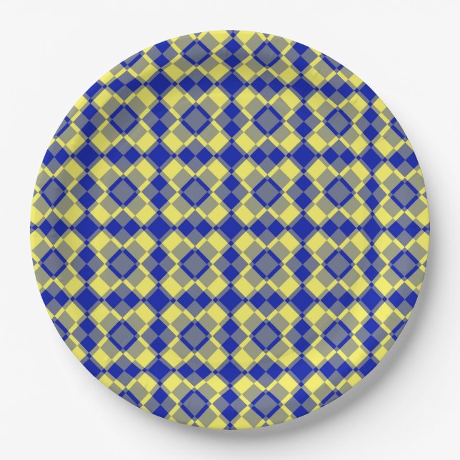Prato De Papel Padrão Xadrez Argyle Azul Amarelo (Frente)