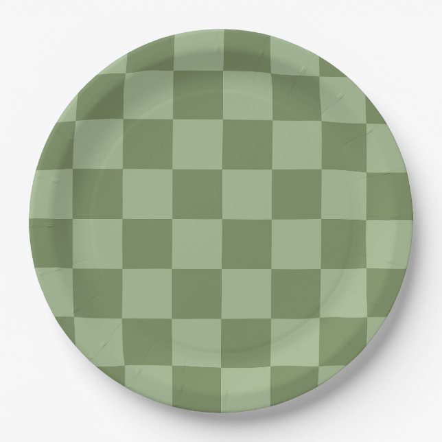 Prato De Papel Padrão Xadrez Verde Sage Minimalista (Frente)