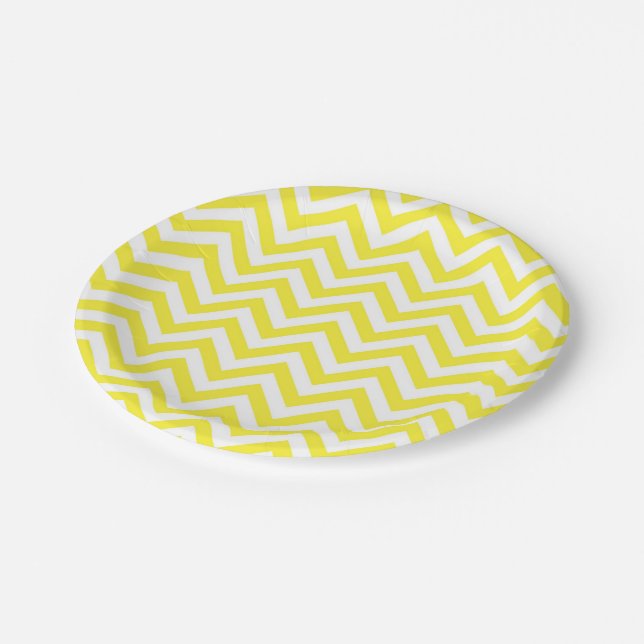 Prato De Papel Padrão ZigZag grande amarelo e branco (Inclinado)