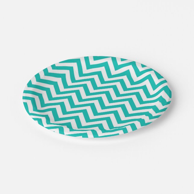 Prato De Papel Padrão ZigZag Grande Chevron Teal e Branco (Inclinado)