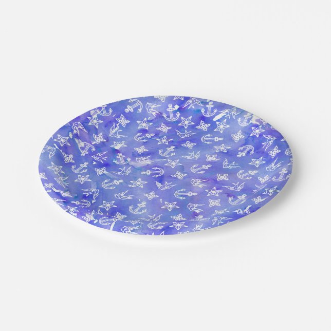 Prato De Papel Padrões de Âncora Náutica em Azul (Inclinado)