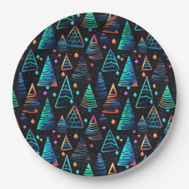 Prato De Papel Padrões de Árvores de Natal Azuis Festivas Neon Bl