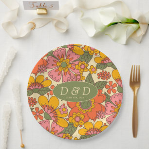 Prato De Papel Padrões de Flores Coloridas Retro Boho 70s Casamen