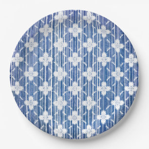 Prato De Papel Padrões de Flores Revestidas de Mão Branco Azul