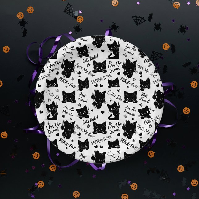 Prato De Papel Padrões de Gatos Pretos e Ditos (Cute Black Cats and Sayings with Hearts Pattern  for Cat Lovers and Halloween Paper Plates)