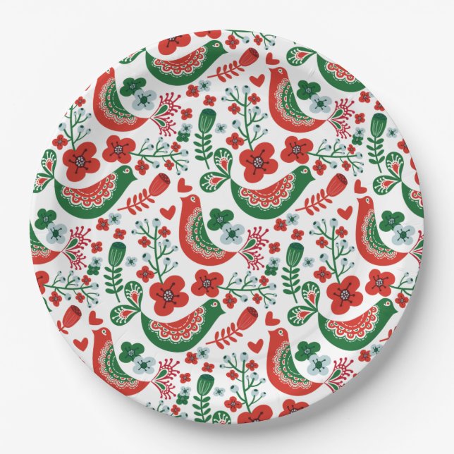 Prato De Papel Padrões de Natal escandinavos com flores e aves (Frente)