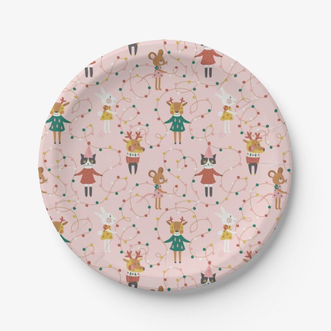 Prato De Papel Padrões de Natal para Amigos Animais Festivos (Frente)