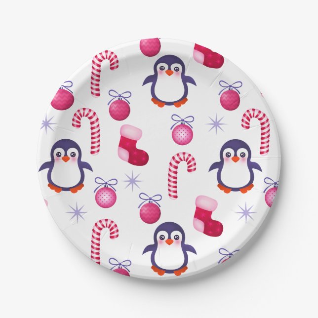 Prato De Papel Padrões de Natal Rosa e Branco bonitos com pinguin (Frente)
