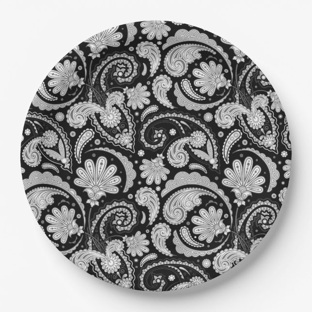 Prato De Papel Padrões de paisley preto branco-branco-cômoda (Frente)