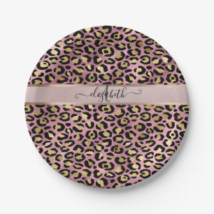 Prato De Papel Padrões leopardo Monograma Rosa Dourado Preto