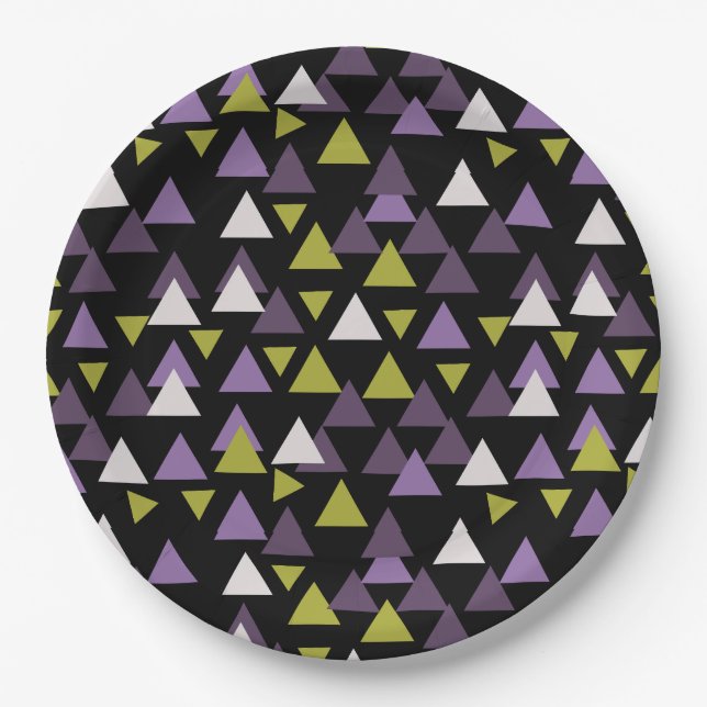 Prato De Papel Padrões triângulos Avocado e Roxo (Frente)