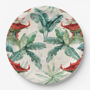 Prato De Papel Pagoda Asiática de Aquarela na Paisagem Verdante (