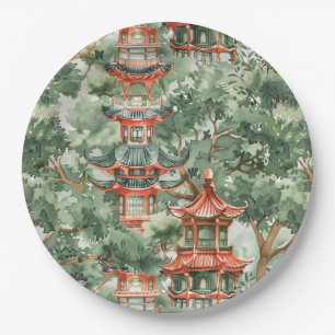 Prato De Papel Pagoda Asiática de Aquarela na Paisagem Verdante (
