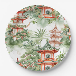Prato De Papel Pagoda Asiática de Aquarela na Paisagem Verdante (